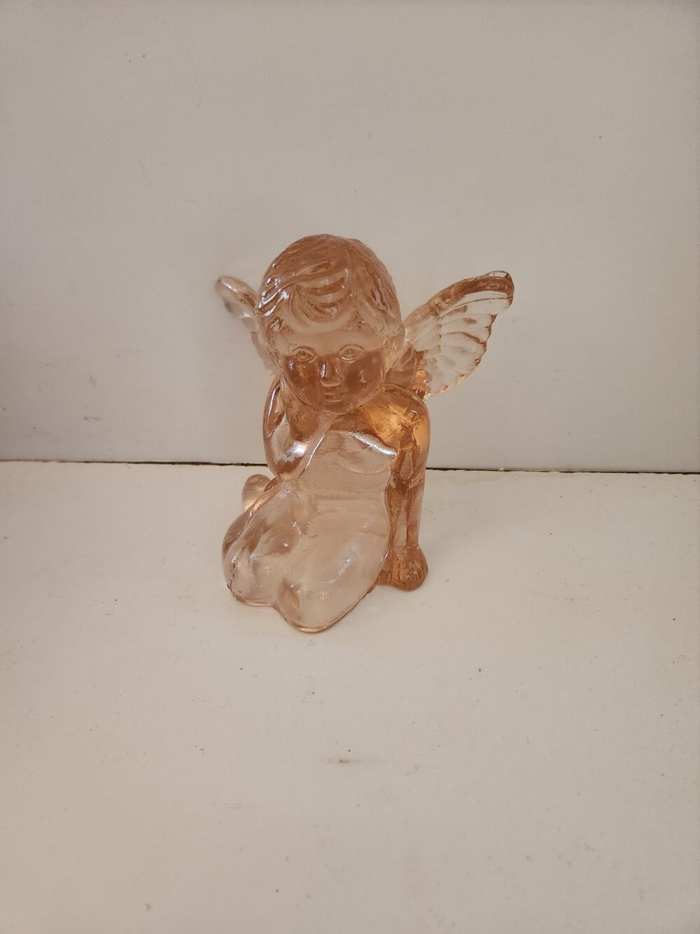 Vintage Mosser pink art glass angel kneeling in prayer Candle Holder 5" tall